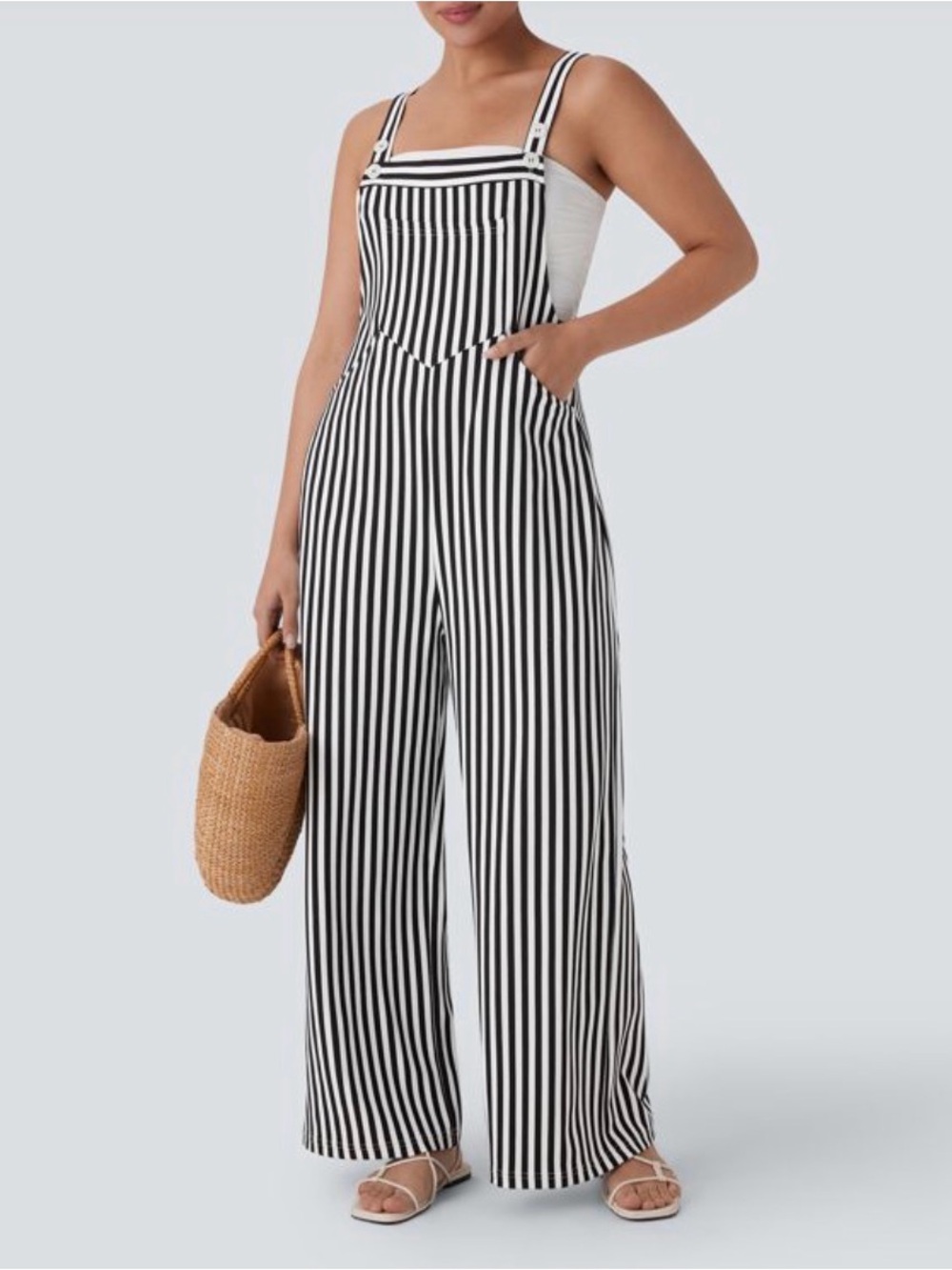HALARA Black and White Vertical-Stripe Wide-Leg Jumpsuit